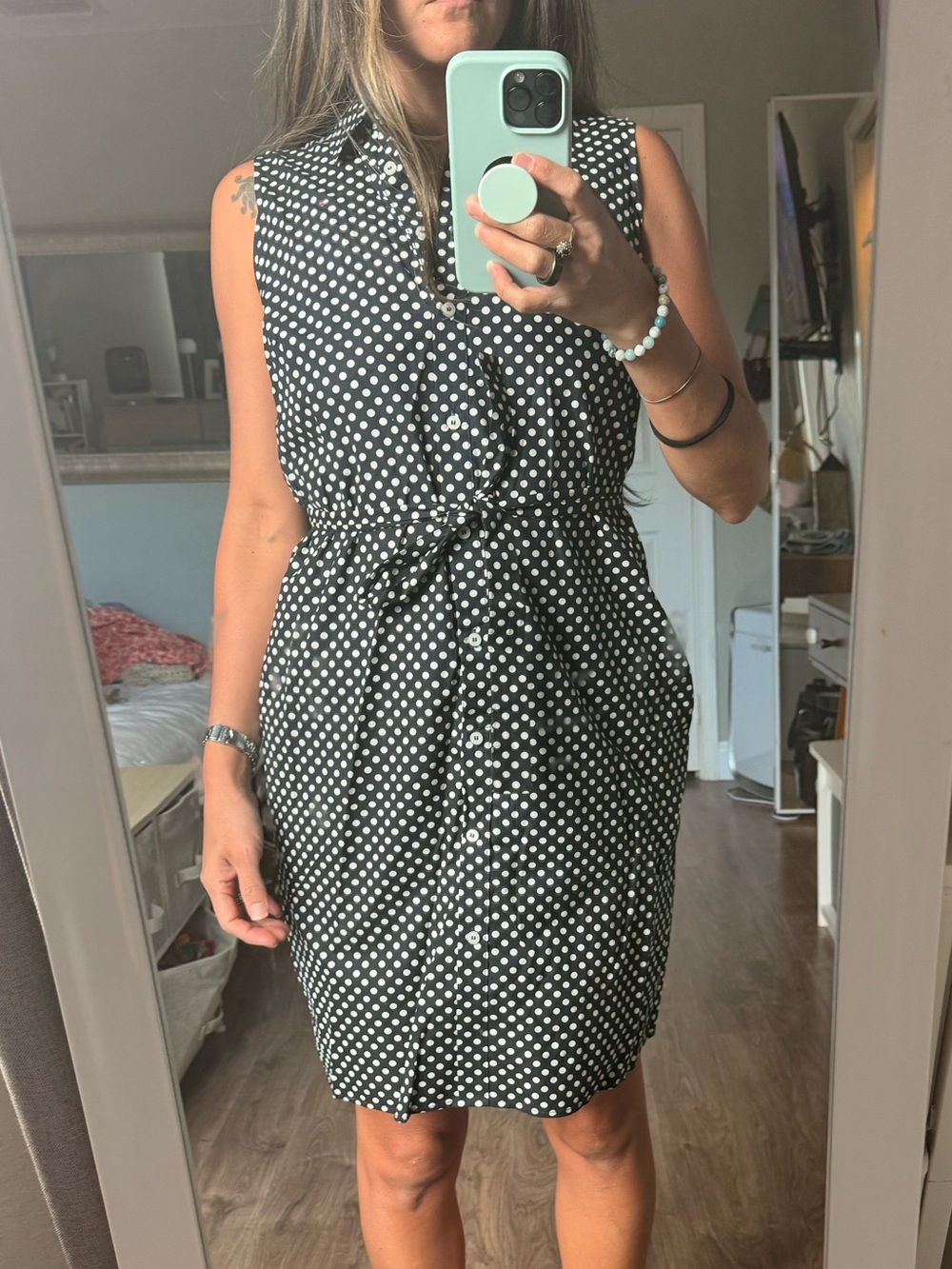 Tommy Hilfiger Black & White Polka Dot Sleeveless Tie-Waist Dress